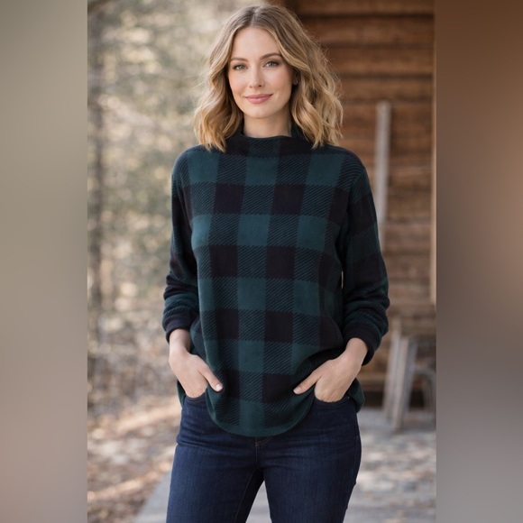 Anne Klein Sweaters - Anne Klein Buffalo Plaid Sweater Mock Neck Green Black Knit Top Size L